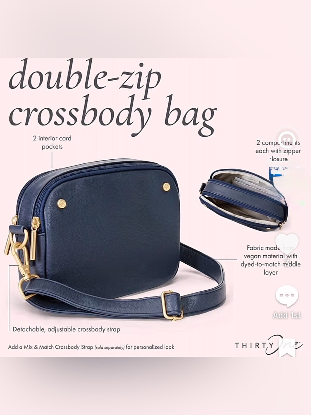 Thirty-One Navy Double-Zip Crossbody Bag